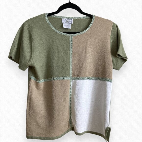 Vintage 90's T-Shirt Top Green White Beige Crochet Boho Grandma - Picture 2 of 8